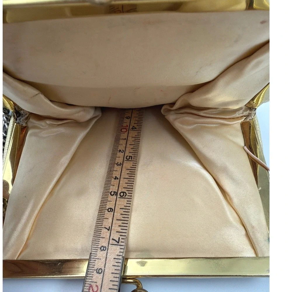 Vintage Gold Satin Evening Bag Ornate Frame Chain Strap‎ Clutch w/ Coin Bag